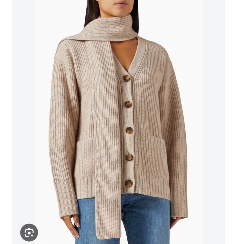 Veronica Beard Annalise Cardigan Oatmeal Scarf Neck Ribbed Knit S